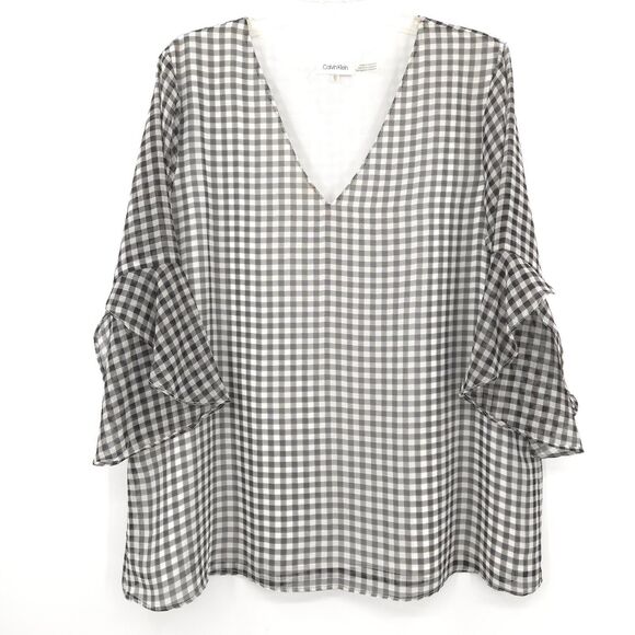 Calvin Klein chiffon flare sleeve gingham tunic top womens Size XL black white - Picture 3 of 11